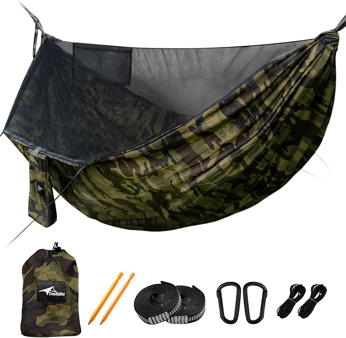 Camping Hammock with Mosquito Net and Ridge Rope Extra Large for 2 Person Lightweight Hanging Hammocks Tree Straps All-in-one Fast Open Hammock for Outside Hiking and Travel
