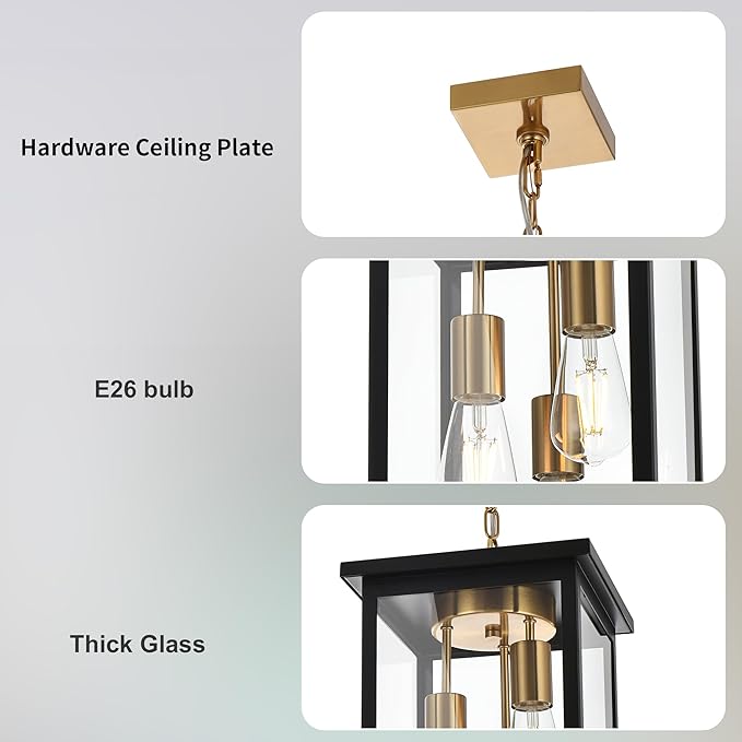 3-Lights Black and Brass Outdoor Pendant Light Exterior Hanging Lantern with Clear Glass Height Adjustable Hanging Light Fixture for Porch Patio Damp Locations E26 Base