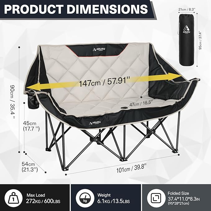 Double Camping Chair Padded Oversized Camping Loveseat for Adults 2 Person Couch Two Seat Support 600LBS Heavy Duty Folding Camp Lawns Chairs for Outdoor Beach Backyard Tailgating Sports