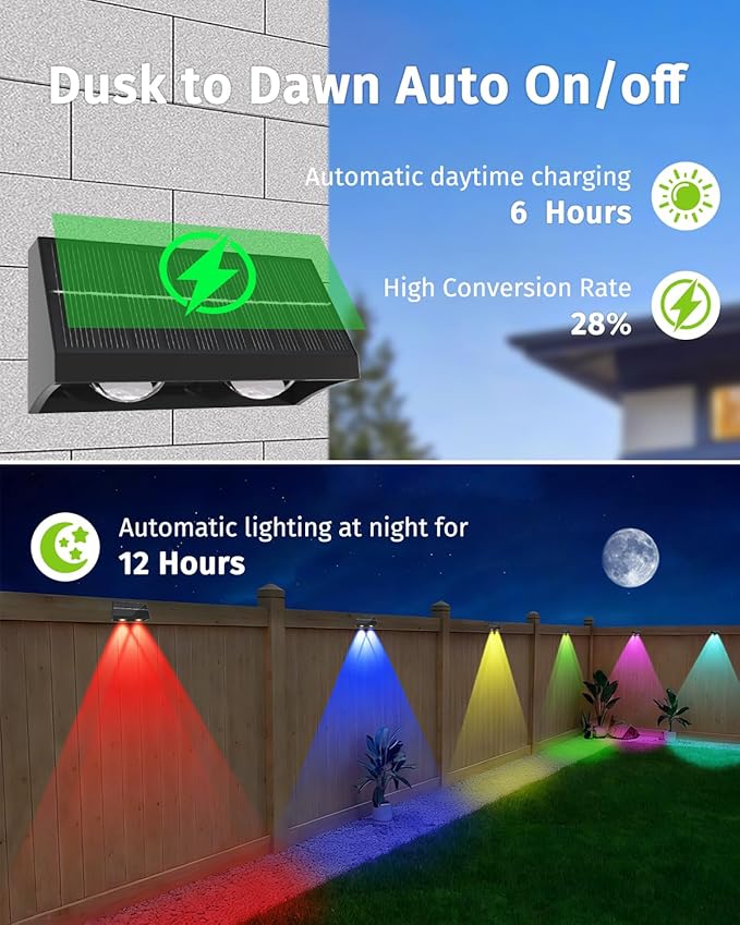 Solar Fence Lights Outdoor with Remote Control RGB Color Changing &amp Warm/Cool White LED Deck Lights High Brightness Dusk to Dawn Spot Lens for Deck and Step Stair Railing Patio Wall IP65 Waterp