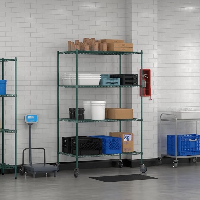 Commercial NSF Listed Green Epoxy Mobile Wire Shelving Kit 30 x 48 x 80 with 4 Shelves Perfect for Warehouse Walk-in Refrigerator Freezer Grocery Store Restaurant Dishroom