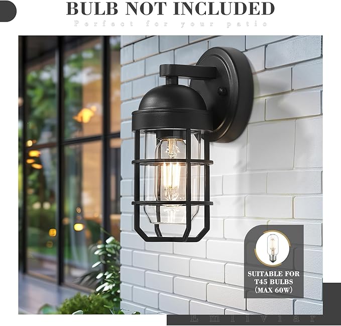 Emliviar Modern Outdoor Wall Light for House Porches Solid Classic Metal Cage Retro Charm Exterior Wall Light Clear Tempered Glass Black Finish GE255B BK
