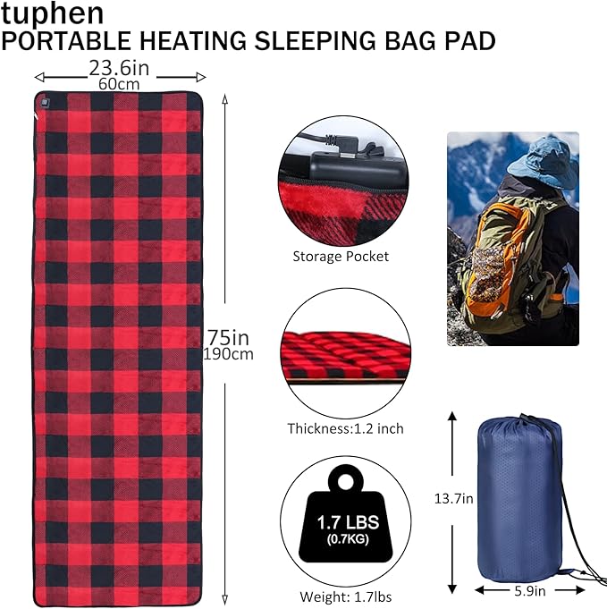 tuphen Heated Sleeping Bag Pad - 3 Adjustable Temperature Levels with 5 Heating Zones Electric Sleeping Bag Liner Heater for Cold Weather Camping Backpacking or Hiking Multi USB Power Supported