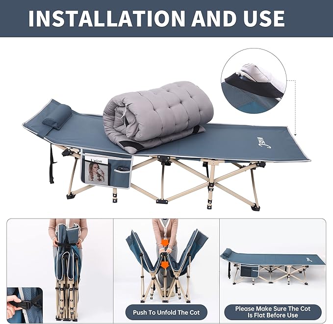 Nice C Camping Cots with Cushion Camping Cots with Mattress for Adults Folding Cot with Pillow Carry Bag &amp Storage Pocket Extra Wide Sturdy Holds Up to 500 Lbs (2 Mattress Grey)