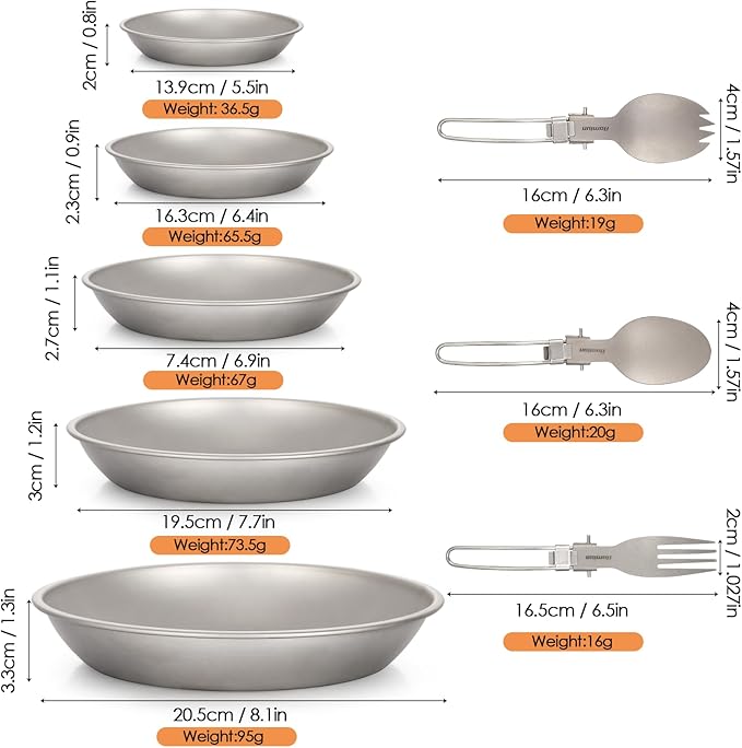 Titanium Camping Plate Set of 8 Ultralight Durable Titanium Dish Plate with Folding Forks Spoons Portable Round Dinner Plates Outdoor Camping Pan Tableware Utensils for BBQ Hiking Picnic