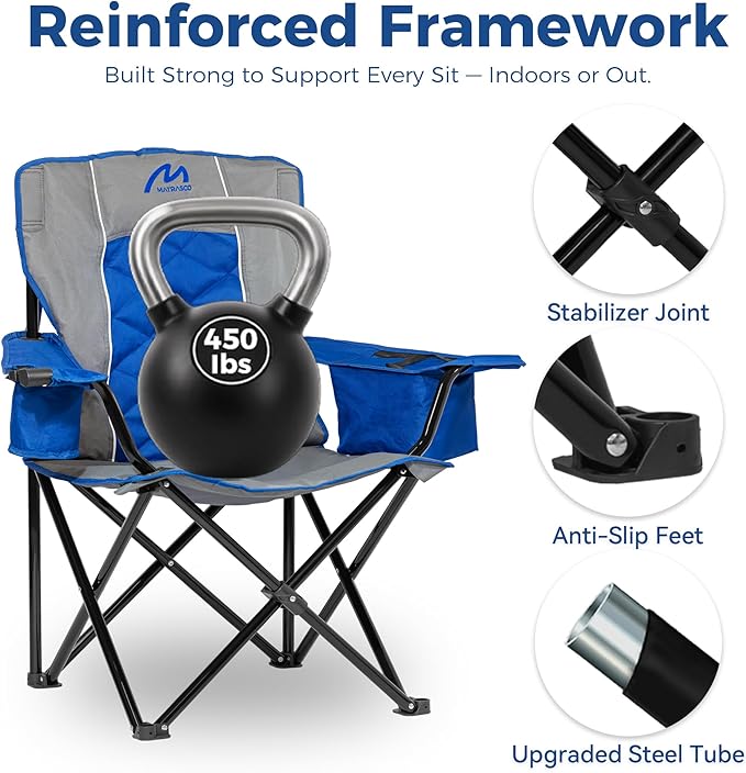 Oversized Padded Camping Chair Heavy-Duty Steel Frame for 450 lbs Supports Convenient 6-Can Cooler Portable Carry Bag Perfect for Outdoor Beach and Hiking (Gray &amp Sapphire Blue)