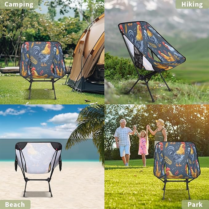 Cute Funny Chicken Portable Camping Chair Lightweight Folding Backpacking Chair Compact Foldable Beach Seat with Carry Bag for Outdoor Hiking Fishing Travel