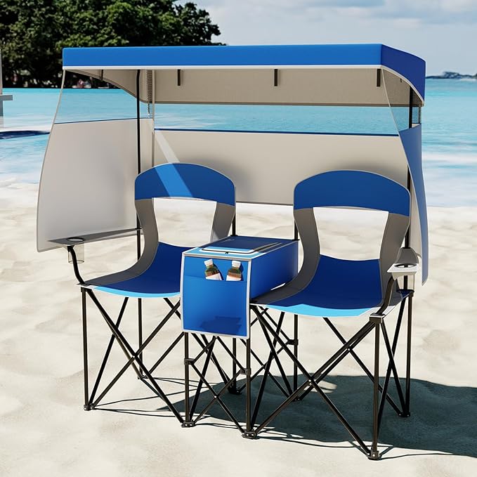 S AFSTAR Camping Chair with Canopy 2-Person Folding Beach Chair with Cup Holders 3-Side Shading Curtains &amp Cooler Bag Foldable Loveseat Lawn Chair for Camping Outdoor &amp Fishing (Navy Blue)