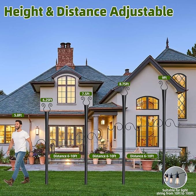 2 Pack Outdoor Patio Light Poles for String Lights 10Ft Heavy Duty Metal String Light Poles with Shepherds Hooks for Hanging Plant &amp Bird Feeder Deck Pole for Outdoor Strings Lights
