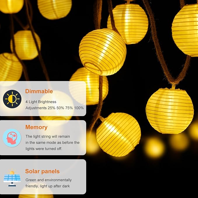 Solar Lantern String Lights Waterproof Outdoor 40ft 40Led Warm White &amp Multi-Color Garden Lights Hanging Hemp Rope Nylon Lanterns with Remote Timer for Yard Balcony Fences Porch