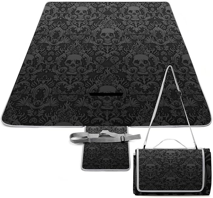 Gothic Skulls Damask Style Black White Waterproof Outdoor Picnic Blanket Sandproof Beach Mat for Camping Hiking Grass Travelling