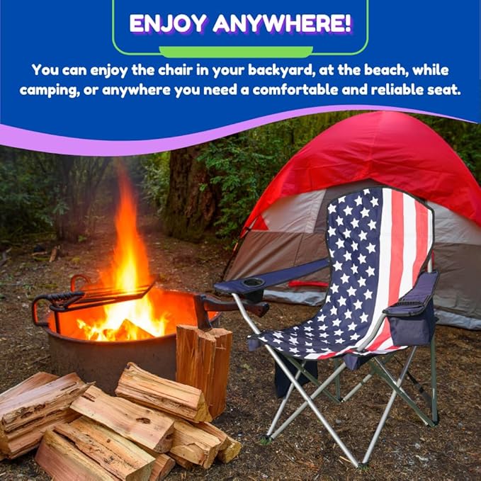 EZONE 2-Pack Camping Chairs with Built-in Ice Cooler Portable Chair Storage Pocket Cup Holder and Carry Bag Perfect for Camping Tailgating Fishing Beach and Lawn (2 Flag)