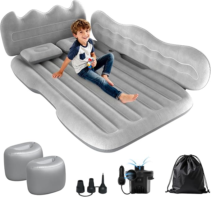 Thickened Inflatable Car Mattress for Back Seat - SUV Air Mattress Bed for Camping &amp Road Trips Portable Car Blow Up Mattress with Cup Holder 2 Pillows &amp Carry Bag - Grey