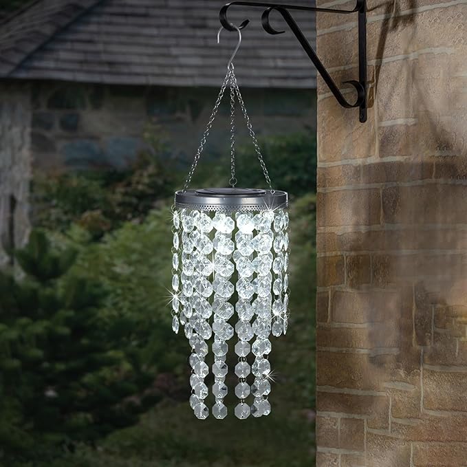 Hanging Solar Crystal Chandelier Outdoor 21” Modern Solar Transparent Acrylic Beaded Lantern with Cool White LED S Hooks for Garden Yard Patio Gazebo Outside Decor