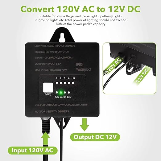 70W Low Voltage Landscape Transformer with Timer and Photocell AC 120V to 12V DCWaterproof Outdoor Landscape Lighting Transformer for Landscape SpotLights Pathway Lights