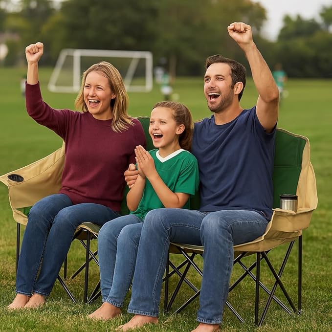 GoTEAM! Portable Folding Bench Couch – 3 Seat Collapsible Outdoor Chair with Cup Holders &amp Carry Bag – Heavy Duty 600D Nylon for Camping Sports Tailgating Beach &amp Backyard (Green/Beige)