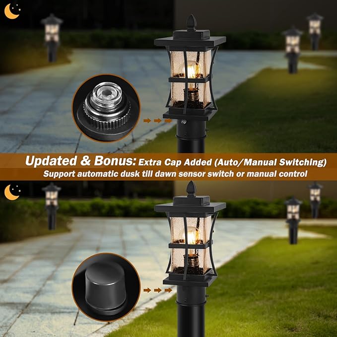 2 Packs Dusk to Dawn Outdoor Post Light Fixture with Pier Mount Base - Black Outdoor Pole Lighting Waterproof Pillar Lantern Modern Outside Column with Seeded Glass for Pathway Garden Patio