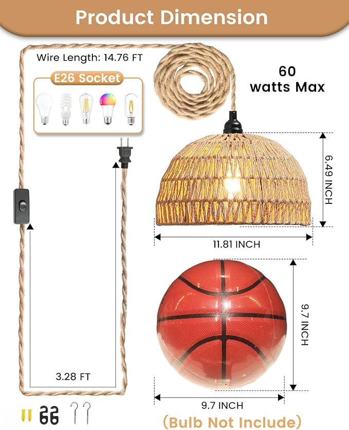 Rattan Hanging LampBoho Pendant LightsPlug in Cord Hanging Rattan LightPlug Into Wall Outlet Pendant Light Fixture On/Off Switch for LivingDinner RoomBedroomKitchenfor E26without Bulb