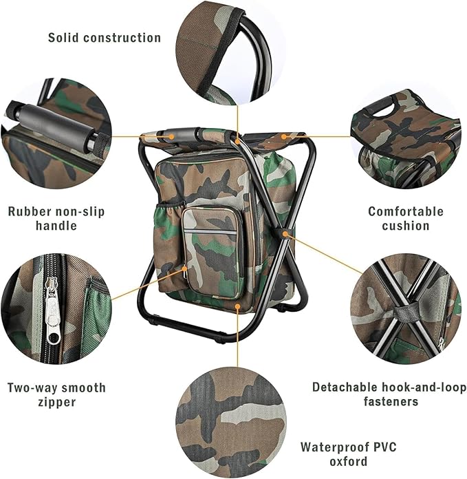 Out&ampAbout 3-in-1 Backpack Stool Cooler Chair 400 LBS Max Load Portable Folding Fishing Cooler Stool - Camo