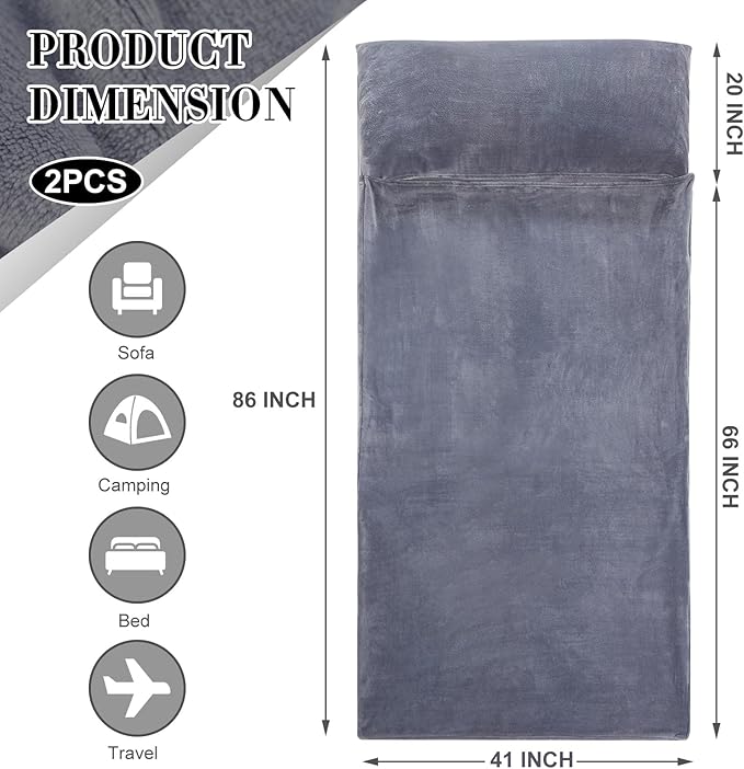 2 Pcs Sleeping Bag Liner for Adult 86 x 41 Inch Grey Flannel Fluffy Sheet &amp Camping Sheet for Autumn Winter Warm Thick Sheets for Backpacking Hotel Traveling Sleeping Bag with Zipper
