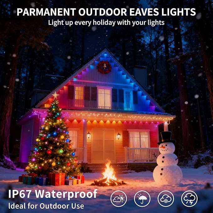 Permanent Outdoor Lights APP Control 50ft 30 LED Smart RGB+IC Warm/Cool White House Eave Light for Halloween Christmas Alexa Google Support Timing with Remote Controller
