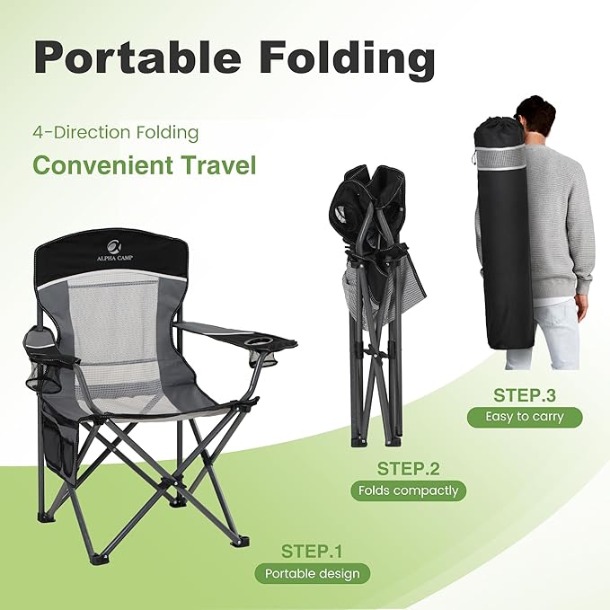 LET'S CAMP Mesh Back Camping Chair Portable Folding Heavy Duty Outdoor Chair Support 330 LBS Durable Large Arm Chair with Cup Holder and Carry Bag for Camp Fishing Hiking Black