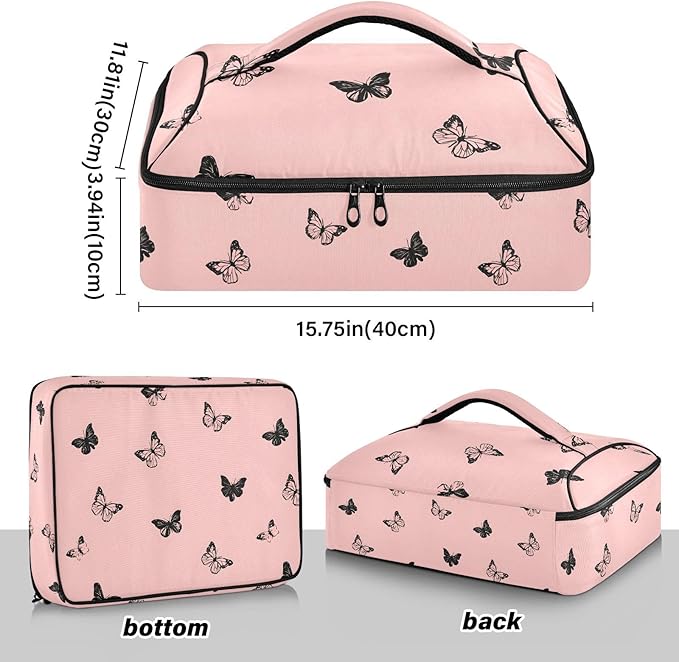 Casserole Carrier Beautiful Pattern Pink ButterflyInsulated Casserole Carrier for Hot or Cold Food Thermal Lunch Tote for Potluck Parties Picnic Beach Fits 9 x 13 Inches Baking Dish