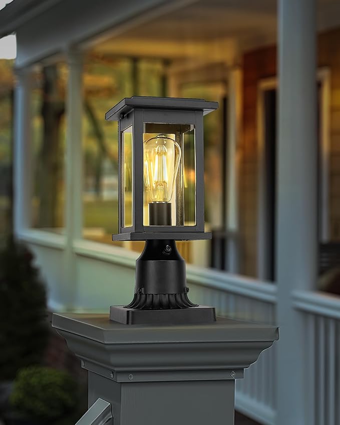 Dusk to Dawn Outdoor Post Lamp HWH 12.2 Inch Exterior Pole Lantern with Photocell Sensor Lamp Post Light with Clear Glass 5HD37P PC BK