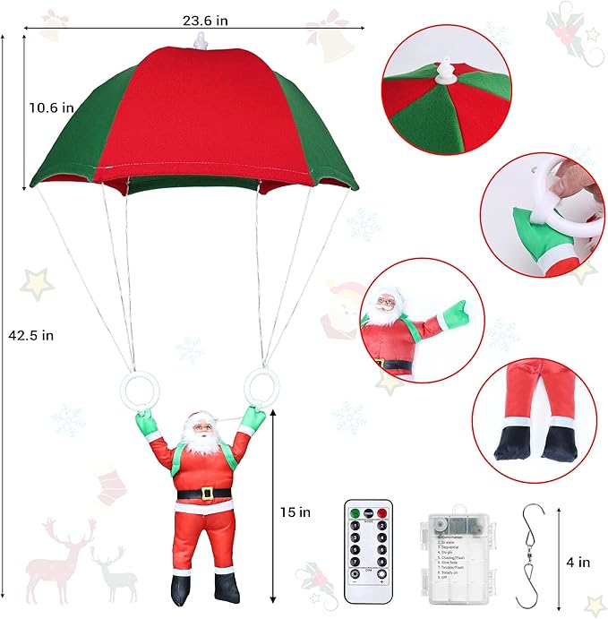 Toodour LED Christmas Lights 2.8ft x 1.8ft Foldable Parachute Lights with Santa Claus 8 Mode Remote Waterproof Battery Powered Multicolor Holiday Decorative Light for Indoor Outdoor Xmas Decor
