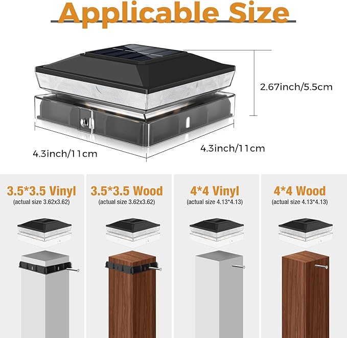 8 Pack Fence Post Solar Lights Fits 4x4 &amp 3.5x3.5 Wood Vinyl Posts 2 Modes(WarmCool White)| Dusk to Dawn Waterproof LED Outdoor Post Cap Lights for Deck Railing Porch Black