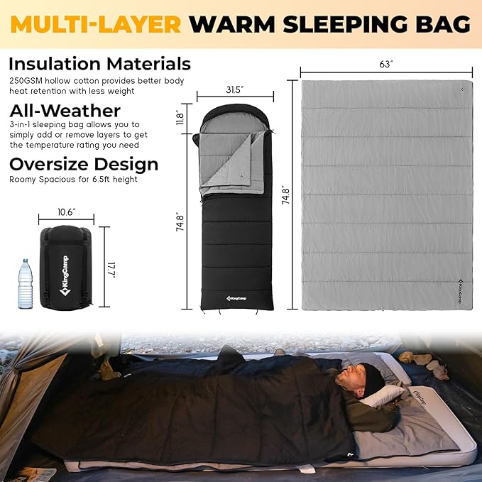 KingCamp 3-in-1 Sleeping Bag for Adults Cold &amp Warm Weather XL Size for Big &amp Tall Individuals Waterproof Flannel Lining Extra Length-Ideal for Camping &amp Backpacking