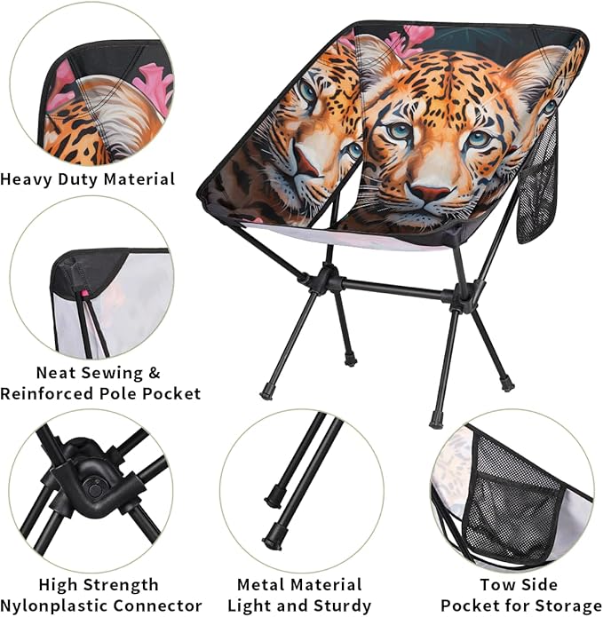 Animal Tiger Pattern Camping Chair Lightweight Portable Chairs for Adults Easy Installation Outdoor Foldable Camping Chair for Camping Fishing Hiking Picnic Beach