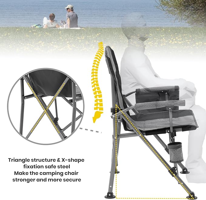 XGEAR Camping Chair with Padded Hard Armrest Sturdy Folding Camp Chair with Cup Holder Storage Pockets Carry Bag Included Support to 400 lbs