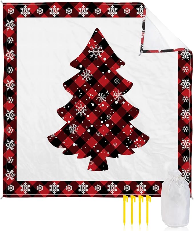 Beach Blanket Waterproof Sandproof OversizedMerry Christmas Red Buffalo Check Tree Beach Mat with Corner Stakes Sand PocketsWinter Snowflake White Back Outdoor Picnic Mat for Travel 95x80In
