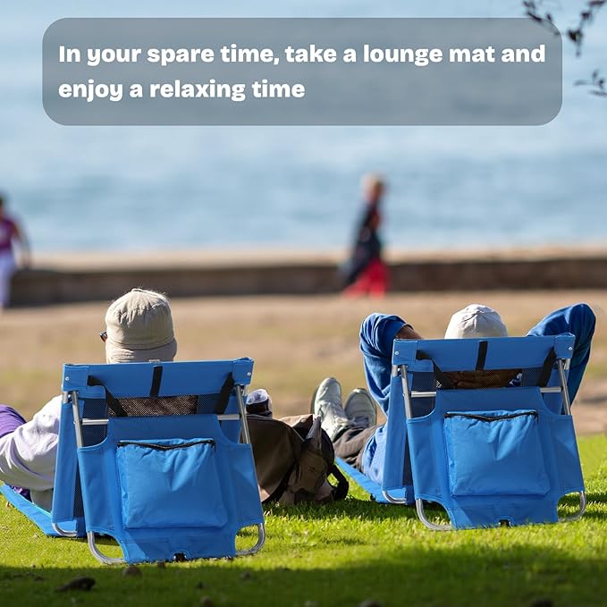 Portable Foldable Beach Lounger Lightweight Beach Mat Lounge Chair with Breathable Mesh Tote Cooler Pocket for Tanning Relaxing Compact &amp Ultimate Gear (Blue)