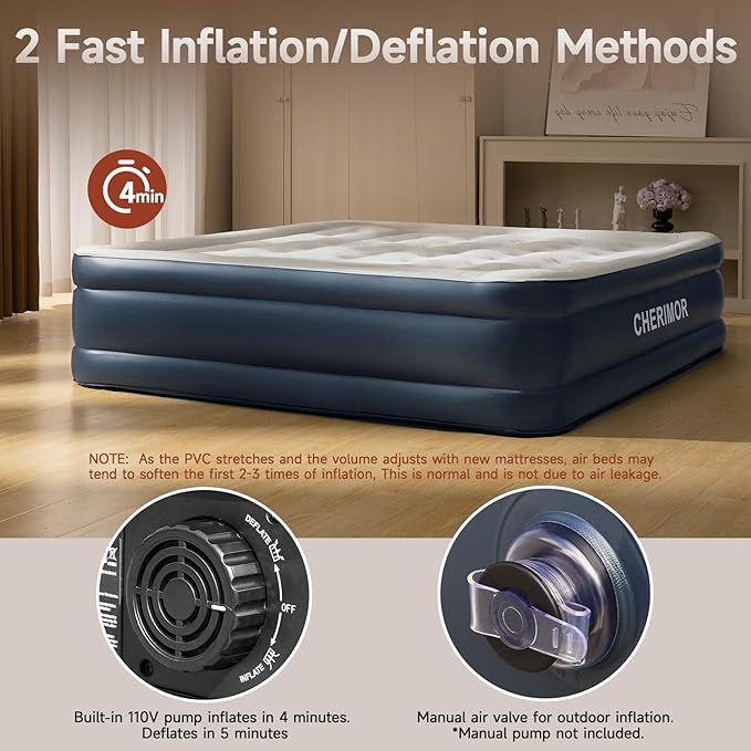 King-Size-Air-Mattress with Built-in Pump 18 inch High Luxury Thicken Sturdy Inflatable Mattress for Guests &amp Home Portable Blow up Mattress with Carry Bag Air Bed for Yoga &amp Movie