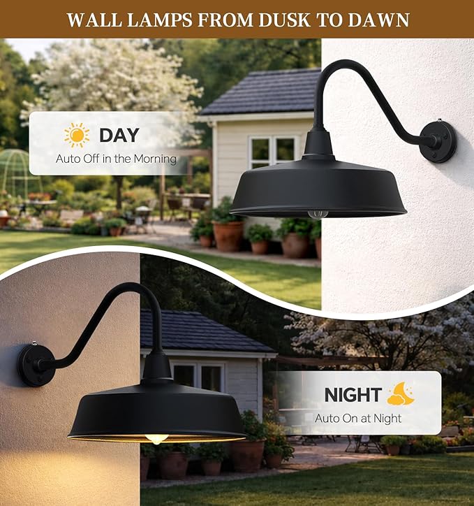 21 Inch Large Outdoor Gooseneck Barn Lights from Dusk to Dawn Extended Arm Classic Farmhouse Wall Mount Gooseneck Lights for Garage Shop Porch Lights.