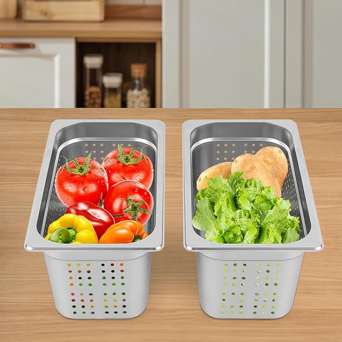 2 Pcs Filtering Pans 6.34Qt Anti-Jam Perforated Pan Stainless Steel Steam Pan Filter BasketCommercial Hotel Pan Catering Food PansDishwasher/Oven/Freezer Safe