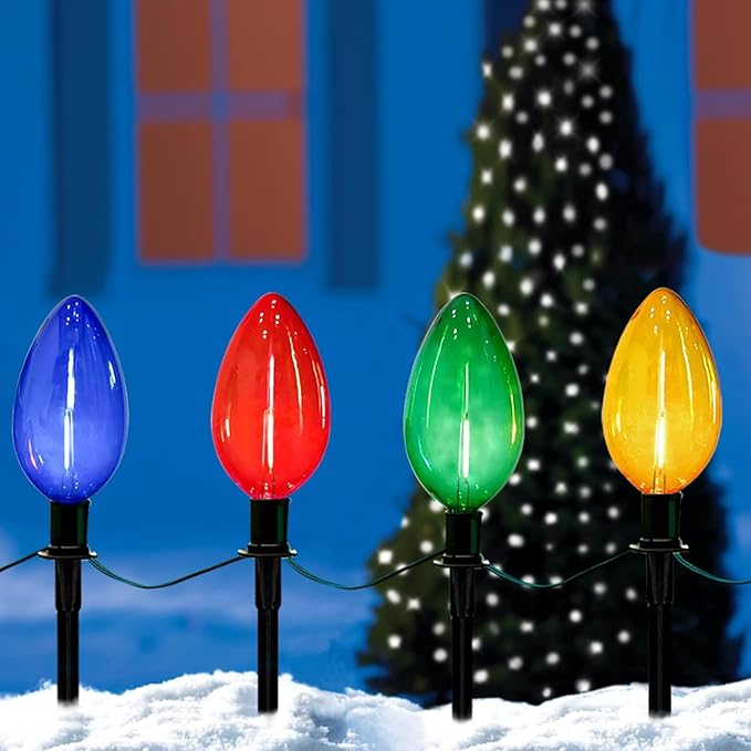 C9 Christmas Multicolor Pathway Lights 7Ft Outdoor Christmas Pathway Markers Lights with 4 Jumbo C9 LED Multicolor Bulbs Connectable Walkway Lights for Driveway Yard Garden