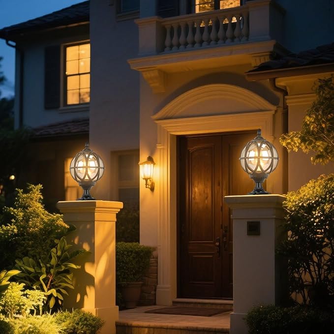 Outdoor Post Light Fixture Retro Amber Glass Ball Pillar Lights Waterproof Die-cast Aluminum Column Lamp Villa Courtyard Garden Park Doorpost Light Fence Light Landscape Lighting