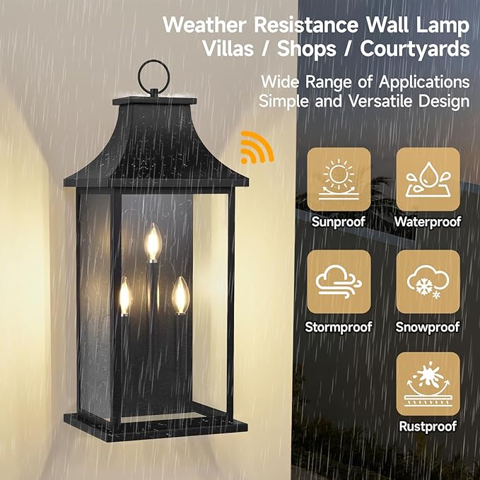 Extra Large Outdoor Wall Lights Dusk to Dawn Sensor Outside Lights Exterior Lighting Fixtures Wall Mount Wall Sconce Light Outdoor Lanterns for Porch Black 28 3-Light 1-Pack
