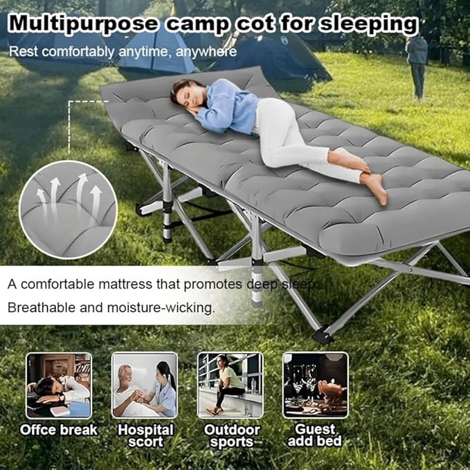 Oversized Heavy-Duty Outdoor Folding Bed with Side Pockets&ampMattress(Mini Model Optional)-755/655/55Lbs Super Capacity Camping CotGarden (Black Upgrade (755lbs)