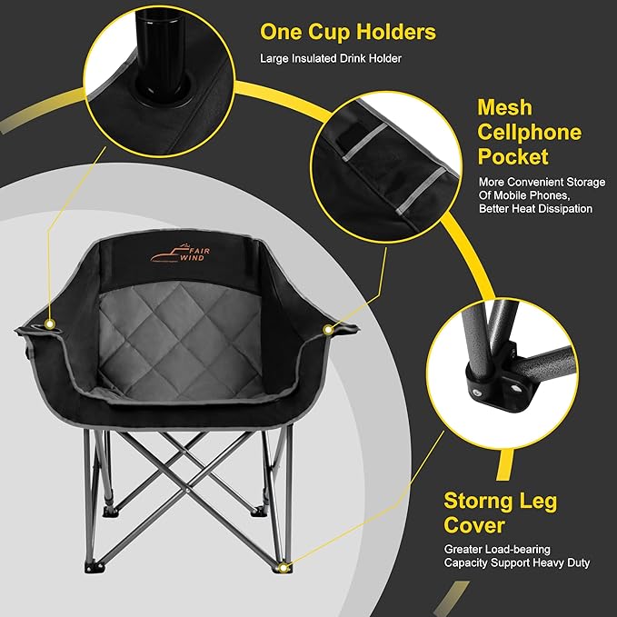 FAIR WIND 2 Pack Oversized Padded Camping Chair Heavy Duty Quad Fold Arm Chair Portable for Outdoor - Support 450LBS Black