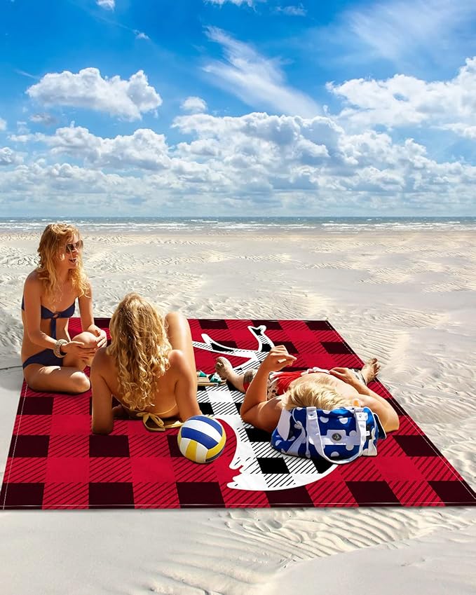 Beach Blanket Waterproof Sandproof Christmas Black White Tartan Deer Quick Drying Beach Mat with 4 Stakes Chic Buffalo Gingham Lightweight Picnic Blanket for Travel Camping Outdoor 83x79