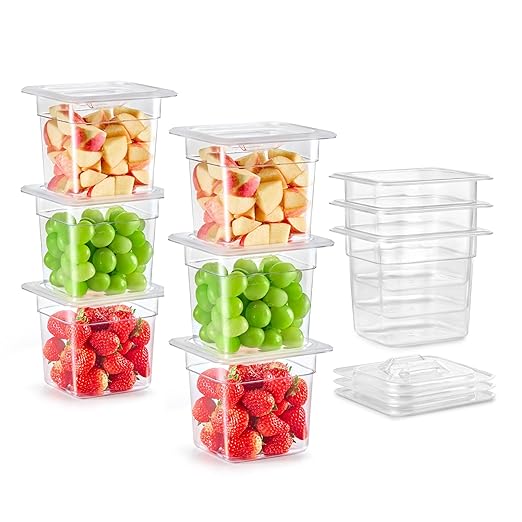 Wilprep 6 Pack Plastic Food Pans with Lids NSF Listed 1/6 Size 6 in Deep Clear Food Storage Containers 2.6 qt Stackable Polycarbonate Commercial Hotel for Fruits Vegetables Beans Corns