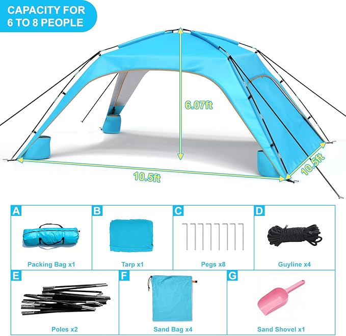Beach Tent Sun Shelter for 6-8 Person Beach Sun Shelter with UPF50+ UV Protection Lightweight and Easy Setup Beach Canopy Portable Shade Tent for Beach Camping Fishing