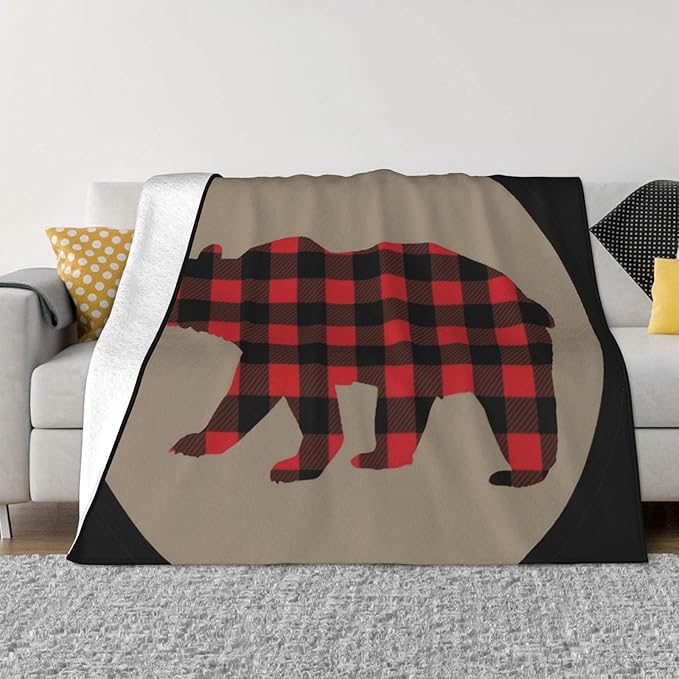 80X60 Red Black Buffalo Plaid Bear Lightweight Flannel Blanket - Soft and Breathable Polyester Suitable for Travel Camping and Home Decoration