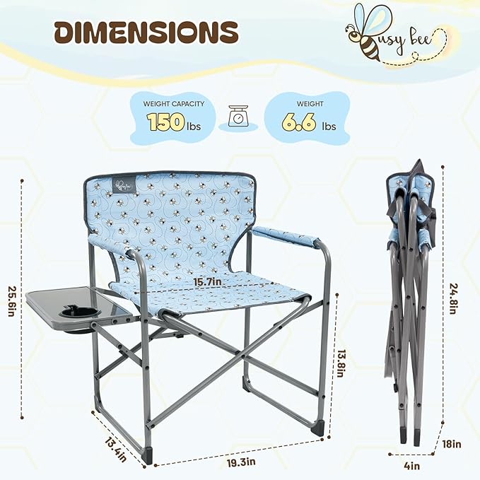 Busy Bee Kids Camping Chair with Foldable Side Table Lightweight Flat Folding Compact and Portable Perfect Kid Beach Chairs Supports 150 Lbs.