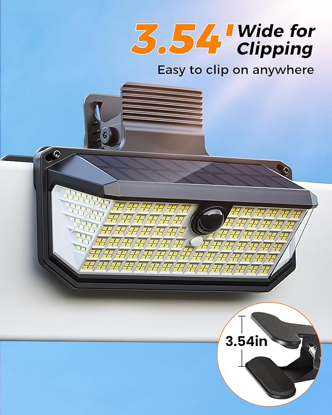 416LEDs Clip on Solar Lights Outdoor1-Second Install Solar Flood Lights300° Wide Angle &amp 3 Lighting Modes Motion Sensor Outdoor Light for Patio Fence Yard Deck Garage (1)