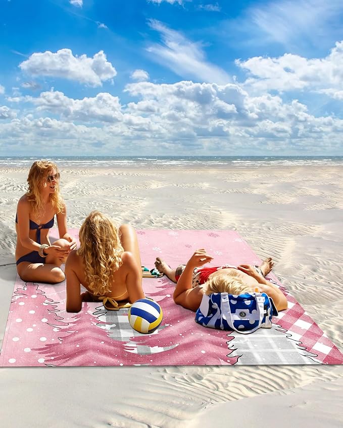 Beach Blanket Waterproof Sandproof Pink Christmas Tree Snowflakes Seamless Quick Drying Beach Mat with 4 Stakes Lattice Pine Tree Lightweight Picnic Blanket for Travel Camping Outdoor 108x84